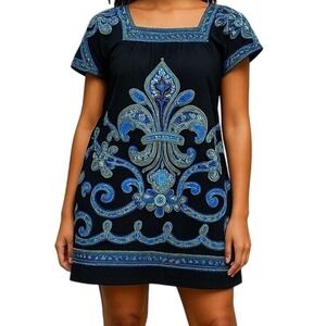 LONDON TIMES Embroidered A-Line Dress Square Neck Short Sleeve Women's Size 8